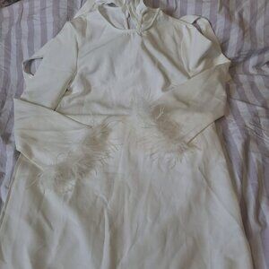 SHEIN White Feather Mini Dress Keyhole Neck Long Sleeve Chiffon Size S